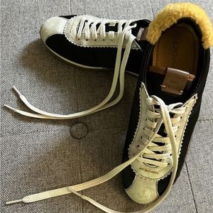 Coach G1313 Black Gold Low Lace-Up Suede Sneaker Leather and Faux Fur Trim